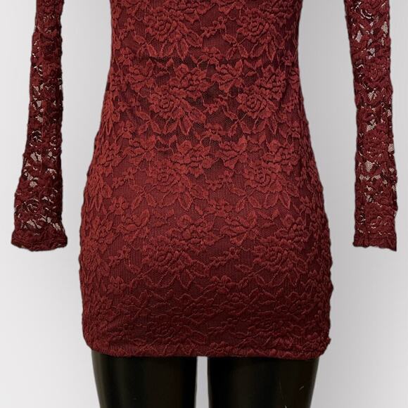 VINTAGE 90s Red Lace Long Sleeve Mini Bodycon Dress Womens sz S Keyhole Burgundy - Picture 4 of 8